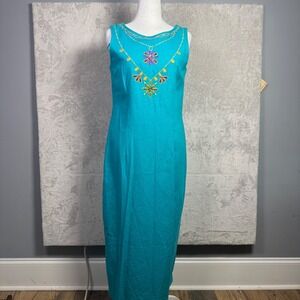 Ultra‎ Dress NY Teal Linen Blend Embroidered Embellished Sleeveless Maxi Dress 8